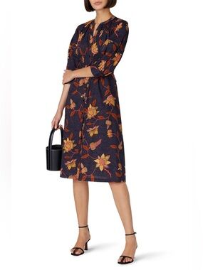 ba&sh Qyana Dress midi navy floral with Orange and Yellow Print sz M